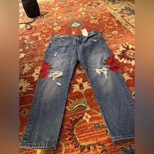 Levi's Blue Straight Leg Jeans with Red Floral Embroidery